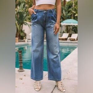 Pleated Blue Wide-Leg Trouser Jeans